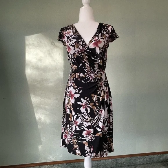 Aa Studio | Dresses | Aa Studio Faux Wrap Dress Floral Dress Knee Length  Stretch Vneck Dress 8 | Poshmark